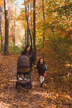 Mother and her little daughter and a baby in pram on walk in autumn wood.