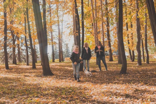 Grandmother and mother with granddaughter throw up fall leaves in autumn park and having fun. Generation, leisure and family concept