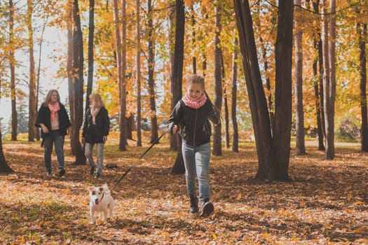 Grandmother and mother with granddaughter throw up fall leaves in autumn park and having fun. Generation, leisure and family concept