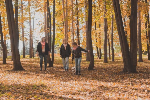 Grandmother and mother with granddaughter throw up fall leaves in autumn park and having fun. Generation, leisure and family concept