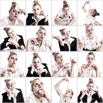 Composing of 16 Images of a young business women who is bored at the office.