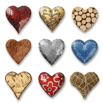 Photos of nine heart-shaped things made of stone, metal and wood on white background. Shadows visible.
