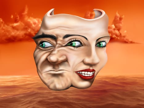 Surreal schizophrenic theater mask depicting mixed emotions