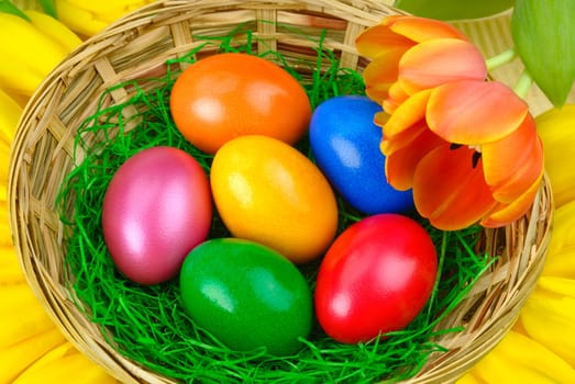 Colourful arrangement of tulips and Easter eggs
