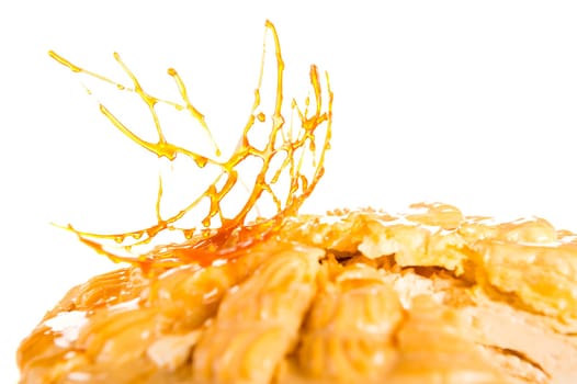 Delicious creamy dessert with caramel topping on isolated background