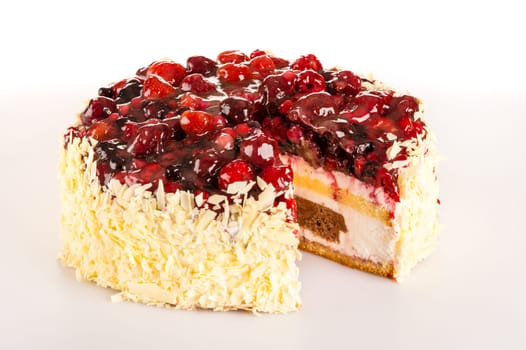Dessert curd light creamy cake with red berries almonds