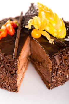 Rich chocolate cake with fruit decoration cocoa dessert