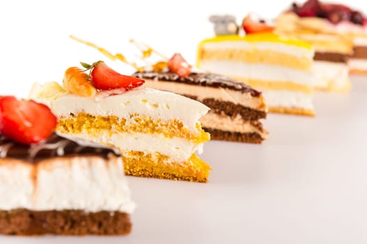 Cake selection close-up of tart slice dessert sweet treat