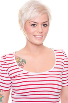 Young and happy woman in front of white background