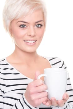 Young and happy woman in front of white background