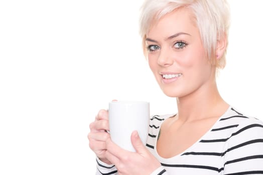 Young and happy woman in front of white background