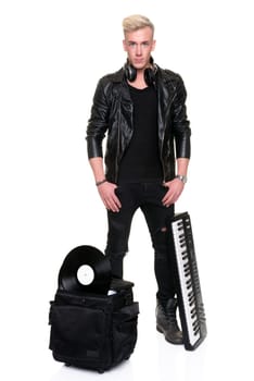 Full length shot of a disc jockey against a white background