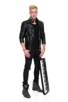 Full length shot of a disc jockey against a white background