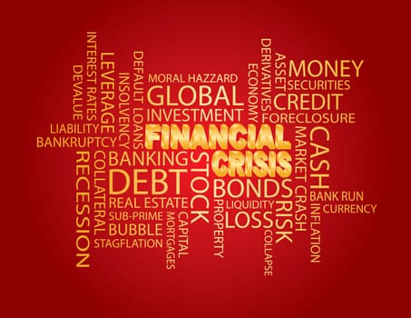 Financial Crisis 3D in Gold Word Cloud Illustration Isolated on Red Background