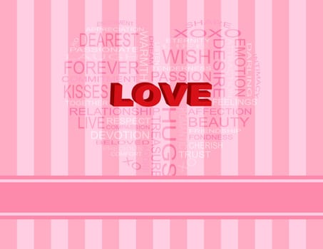 Love Word Cloud in Heart Shape Outline on Pink Stripes Background Illustration