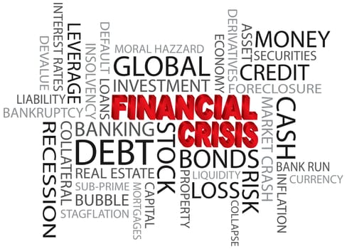 Financial Crisis 3D in Red Word Cloud Illustration Isolated on White Background