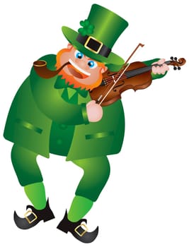 St Patricks Day Irish Leprechaun with Hat and Smoking Pipe Playing Violin Isolated on White Background Illustration