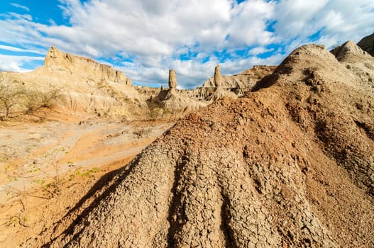 View of stone columns in a desert in Huila, Colombia