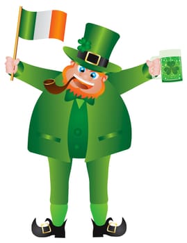 St Patricks Day Irish Leprechaun with Hat and Smoking Pipe Holding Ireland Flag and Glass of Green Beer Isolated on White Background Illustration
