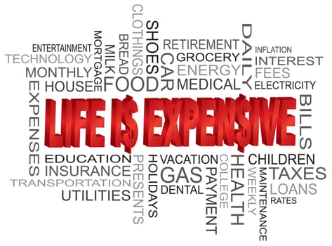 Life is Expensive 3D Word Cloud and Dollar Sign Isolated on White Background Illustration