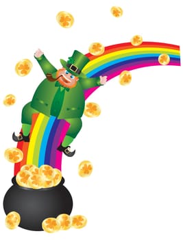 St Patricks Day Irish Leprechaun Sliding Down Rainbow onto Pot of Gold Coins Illustration Isolated on White Background
