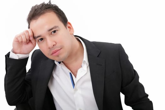 Picture of a pensive young businessman, isolated on white background
