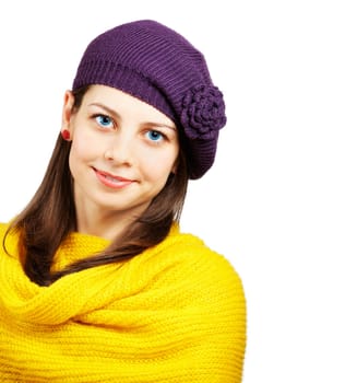 Portrait of a beautiful young woman with yellow scarf over white background.