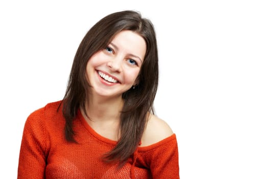 Beautiful young woman with red top smiling over white.