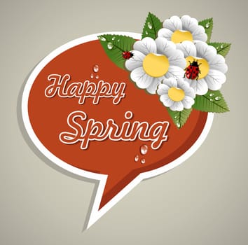 Happy spring social speech bubble with flowers, leaves and beetle. Vector file layered for easy manipulation and custom coloring.
