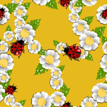 Lucky spring flowers and beetle seamless pattern. Vector file layered for easy manipulation and custom coloring.