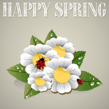 Happy spring composition with flowers, leaves and beetle. Vector file layered for easy manipulation and custom coloring.