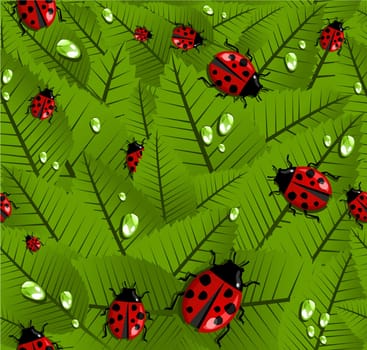 Spring leaves and beetle seamless pattern. Vector file layered for easy manipulation and custom coloring.