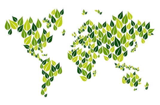 Green leaves in world map shape isolated over white. Vector file layered for easy manipulation and custom coloring.