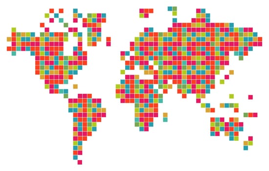 Technology bits world map shape. Vector file layered for easy manipulation and custom coloring.