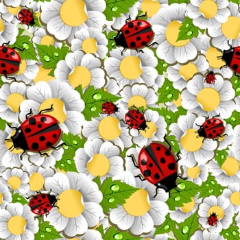 Spring ladybug, flowers, leaves and water drop seamless pattern. Vector file layered for easy manipulation and custom coloring.