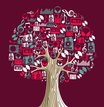 Abstract musical tree made with instruments shapes illustration. Vector file layered for easy manipulation and custom coloring.