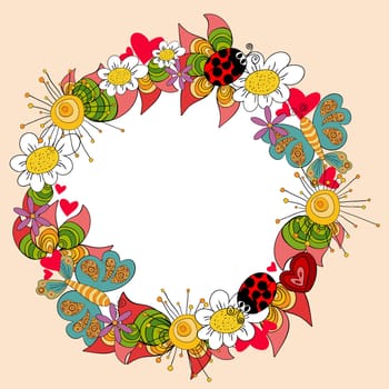 Vibrant colors spring composition with flowers, leaves, butterfly and beetle. Vector file layered for easy manipulation and custom coloring.