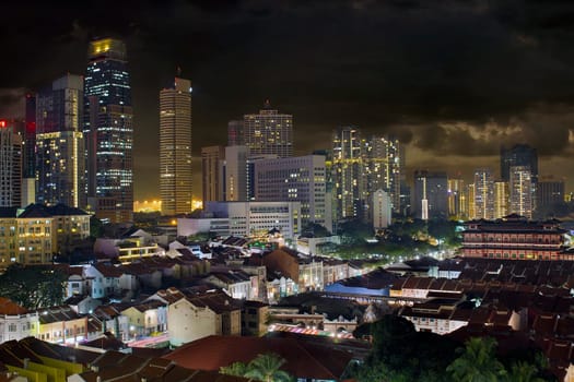 Singapore Central Business District Skyline and Chinatown Cityscape at Night