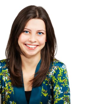 Beautiful young woman smiling portrait over white background.