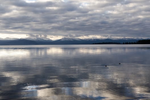 Sunrise on Yellowstone Lake in Wyoming in the United States of America