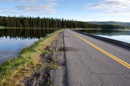 road on Yellowstone Lake in Wyoming in the United States of America