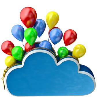 Flying bunch of balloons with helium from open wallet with zip as a symbol of the wallet devastation on holidays