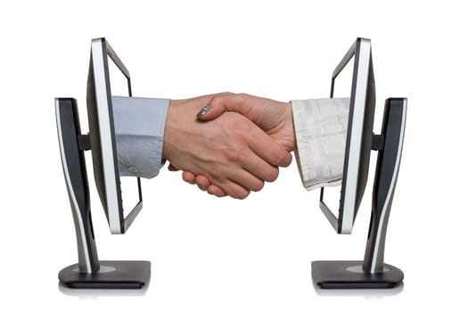 Two computer monitors and hands in handshaking, internet working concept, wireless communication, on-line business
