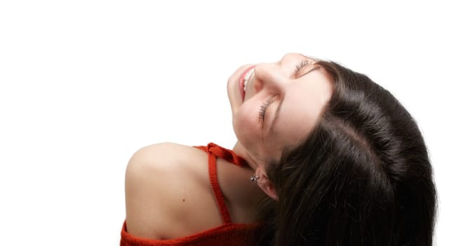 Closeup portrait of young lady with dark hair isolated on white background