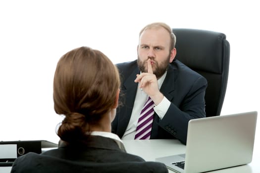 beard business man brunette woman at desk has secret