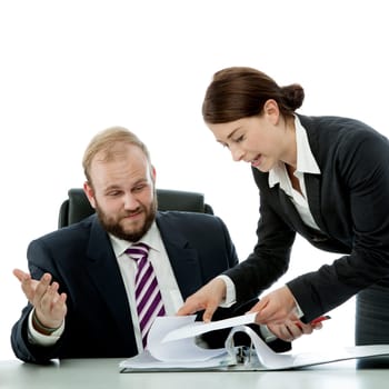 beard business man brunette woman at desk confusing