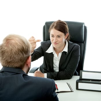 beard business man brunette woman at desk show middle finger