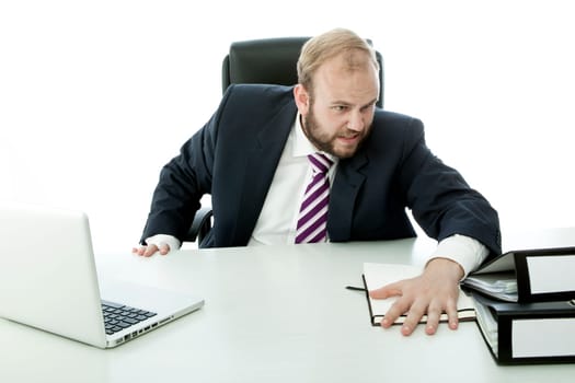 beard business man is angry and throw documents desk