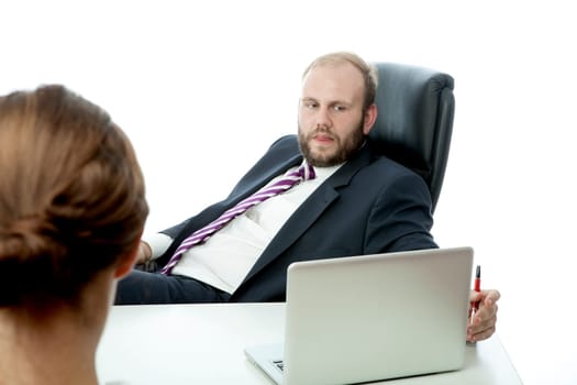 beard business man brunette woman at desk ignoring