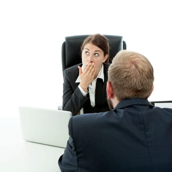 beard business man brunette woman at desk is bored while talking